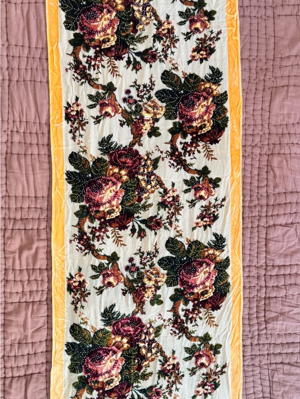 Floral Border Scarf in White with Yellow Trim